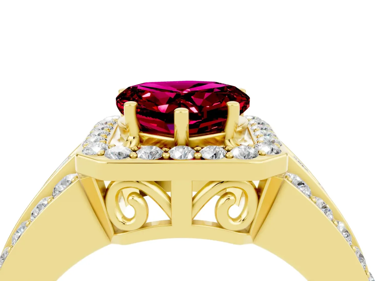Heart Cut Halo Garnet Ring with Round Split Shank and Prong Setting Yellow gold