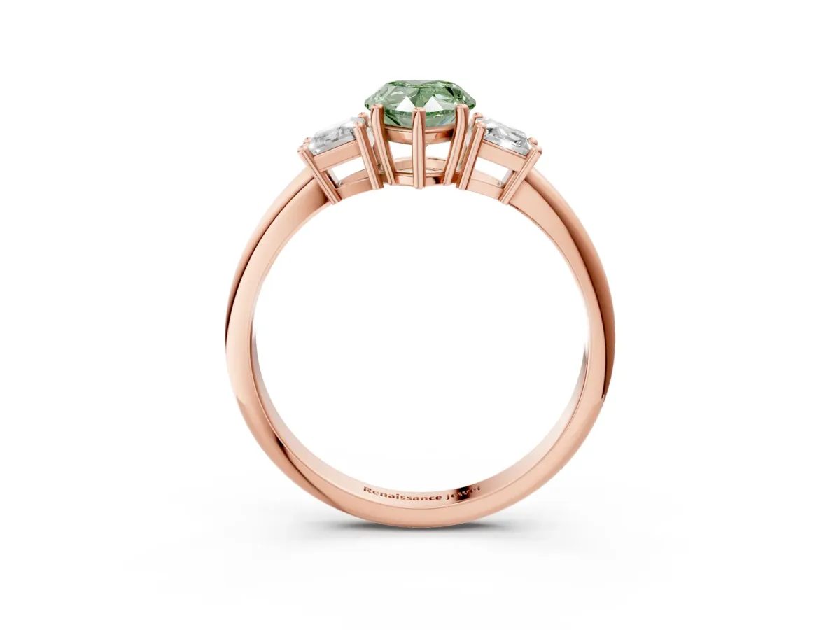 Fancy Green Pear Cut Diamond Three-Stone Ring with Trapezoid Side Stones and Prong Setting Rose gold
