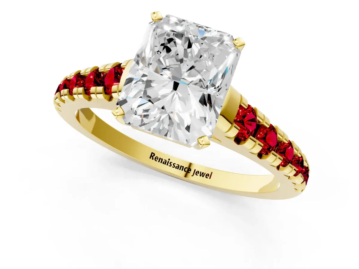 Radiant Cut Diamond Cathedral Solitaire Ring with Round Ruby Pavé Band Yellow gold