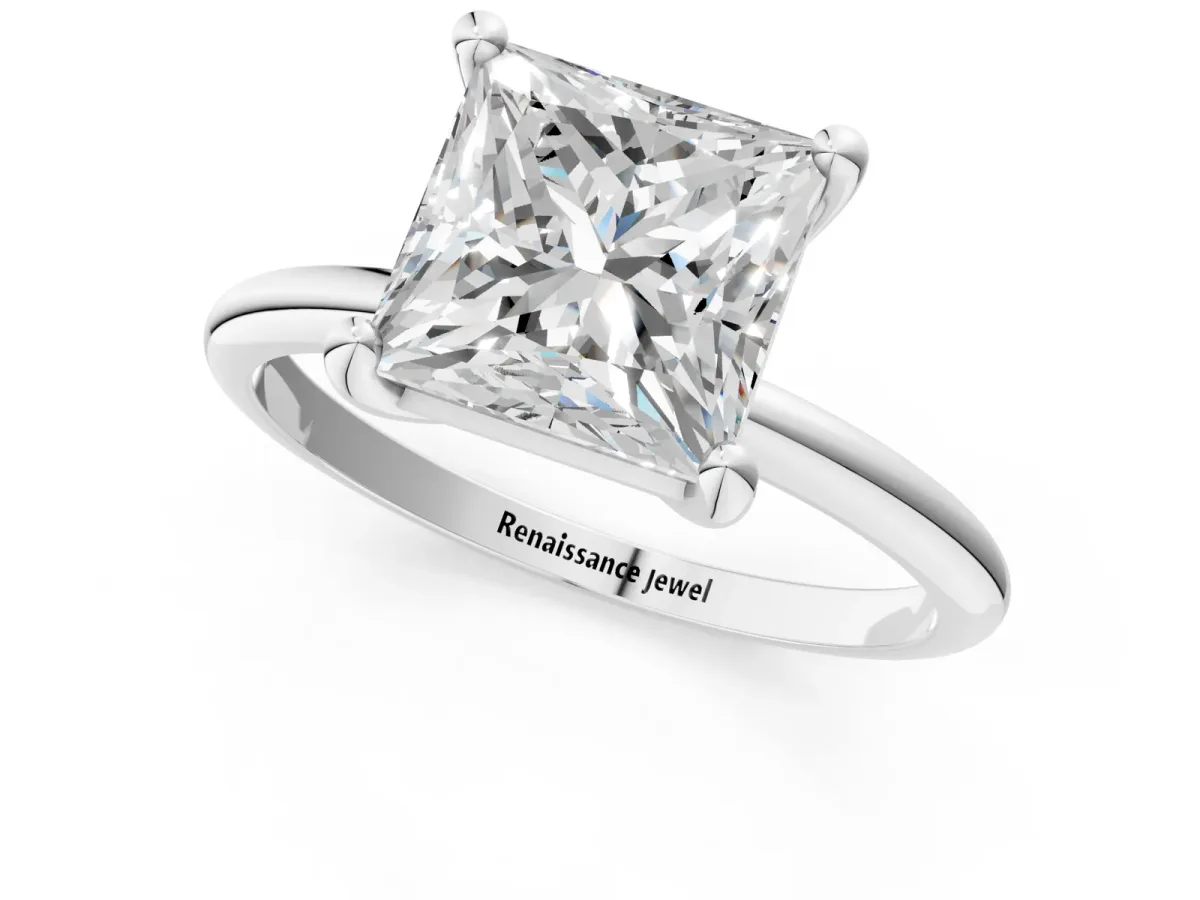 Princess Cut Solitaire Diamond Ring with 4-Prong Setting on a Classic Band Silver