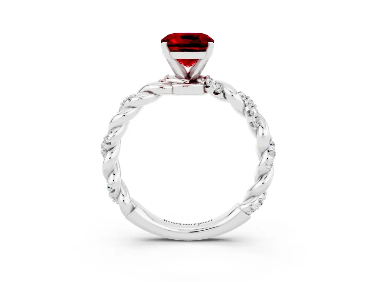 Cushion Cut Ruby Solitaire Ring with Twisted Band and Pavé Accents White gold