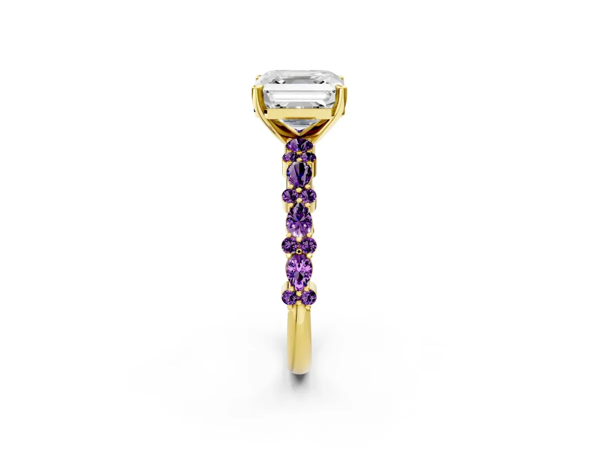 Asscher Cut Diamond Side Stone Solitaire Ring with Round Amethyst and Four-Prong Setting Yellow gold