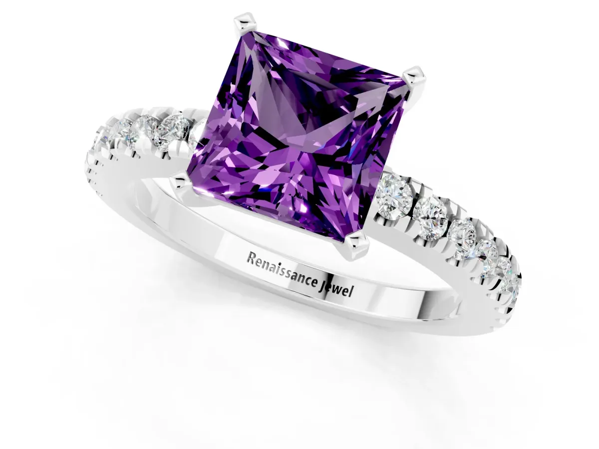 Princess Cut Solitaire Amethyst with Pavé Band and Four-Prong Setting Silver