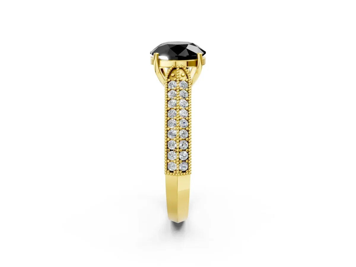 Fancy Black Round Cut Cut Pave Split Shank Engagement Ring with Four-Prong Setting Yellow gold