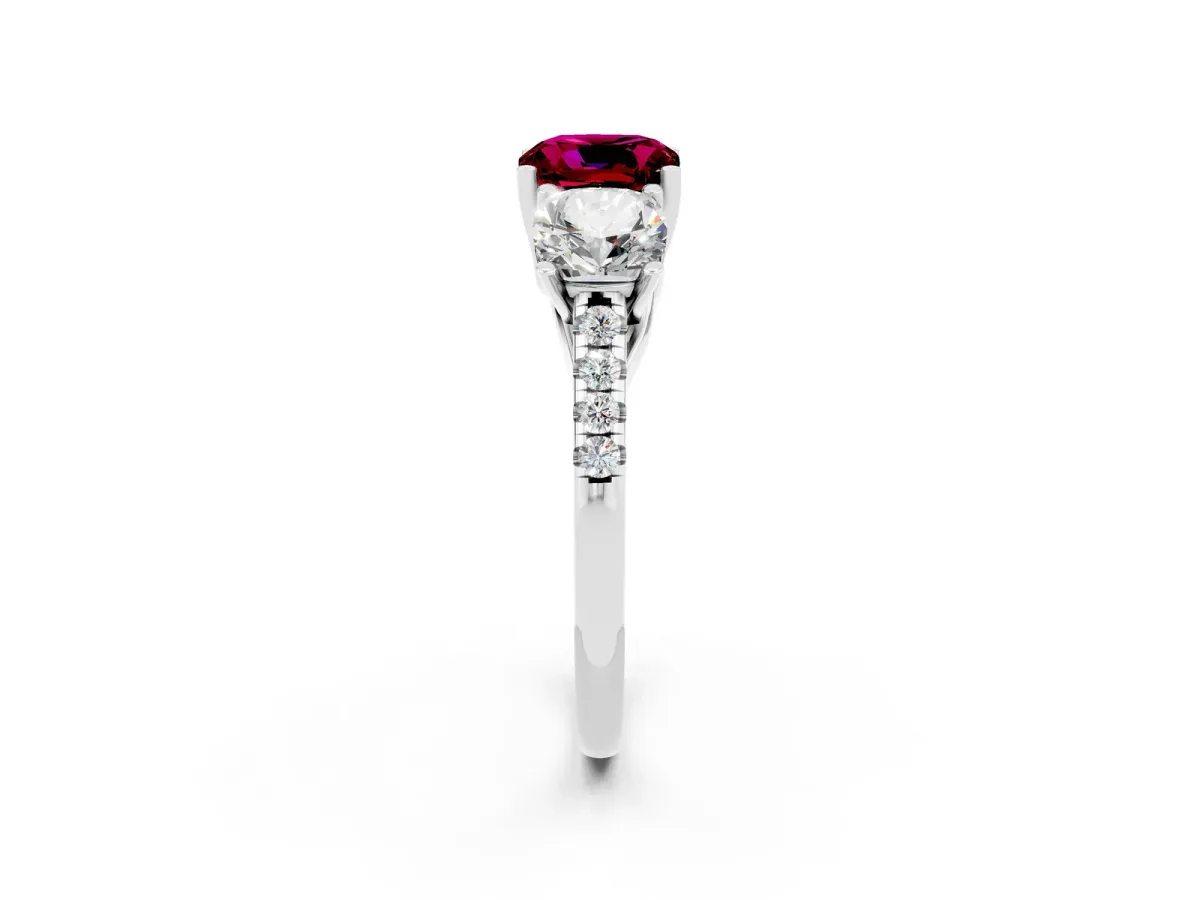 Three-Stone Cushion Cut Garnet Ring with Round Pavé Band and Prong Setting Silver