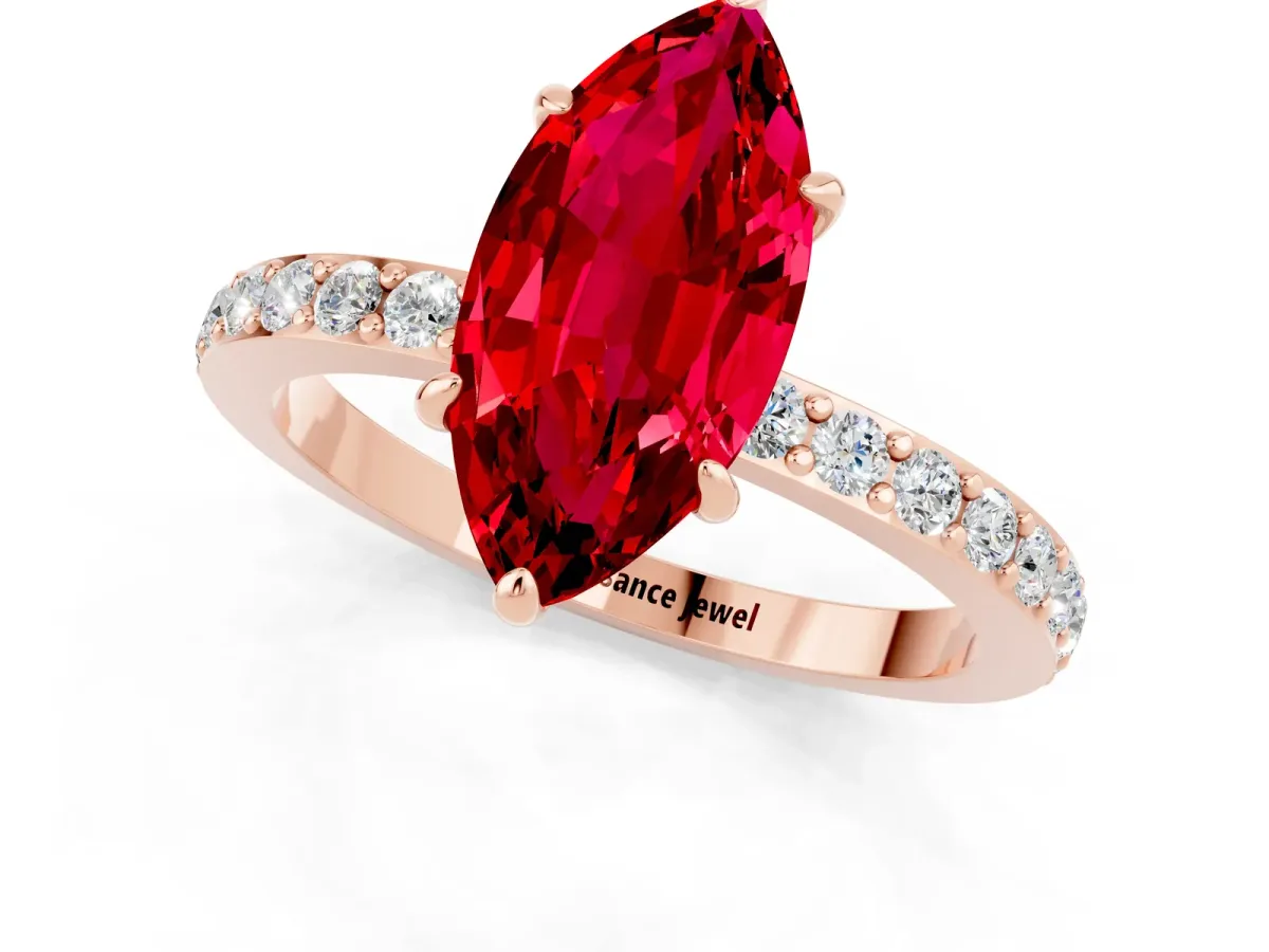 Marquise Cut Ruby Solitaire Engagement Ring with Pavé Band and Four-Prong Setting Rose gold