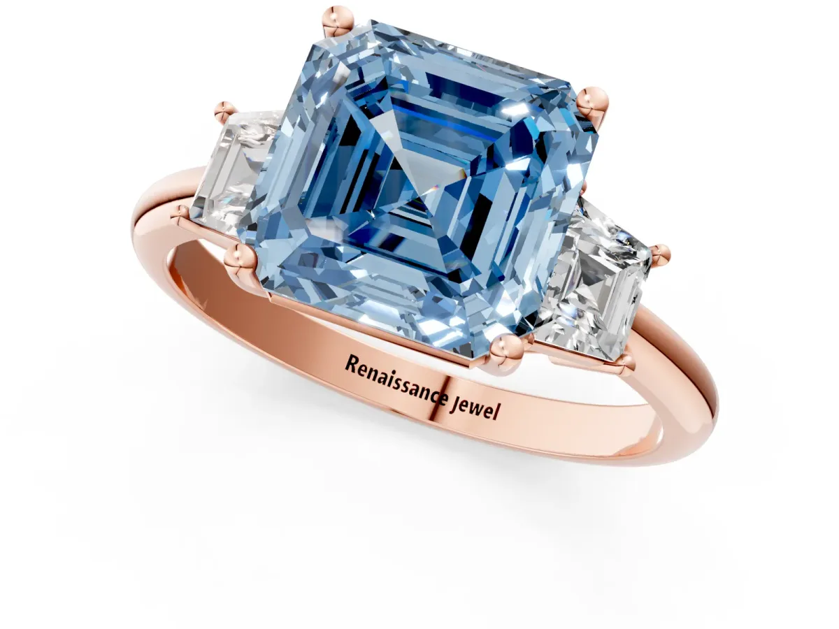 Fancy Blue Asscher Cut Diamond Three-Stone Ring with Trapezoid Side Stones and Prong Setting Rose gold