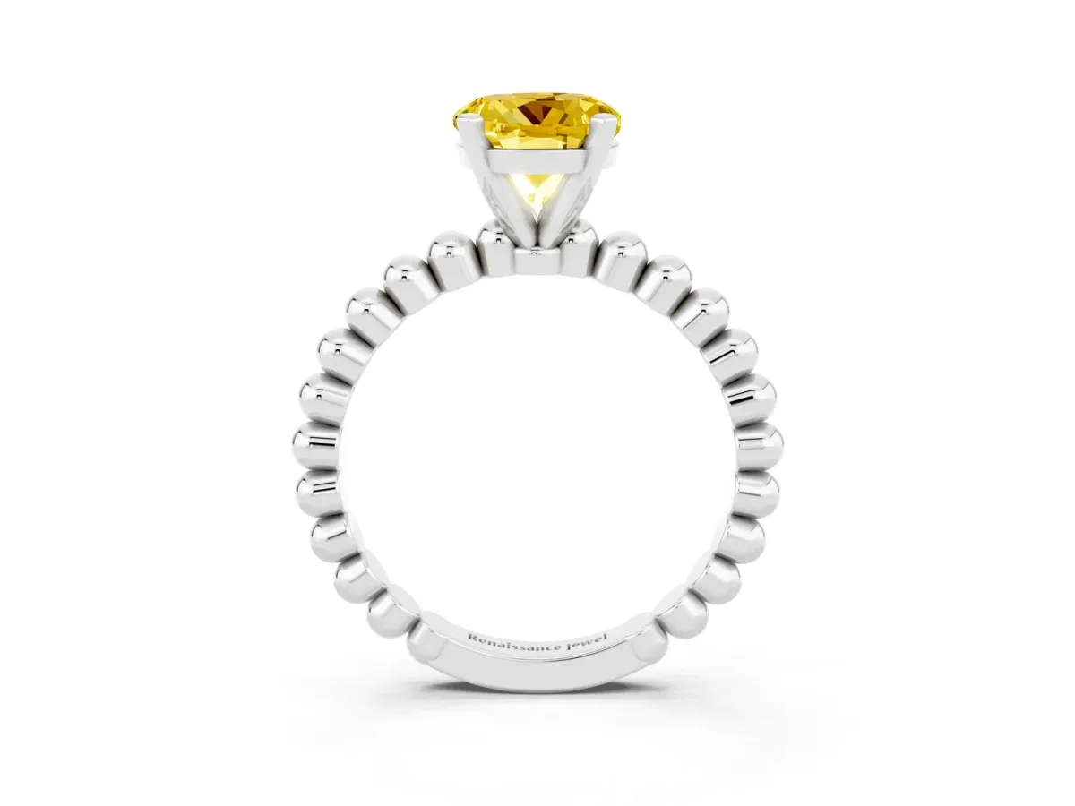 Round Cut Yellow Sapphire Solitaire Ring with Beaded Band and Prong Setting Platinum