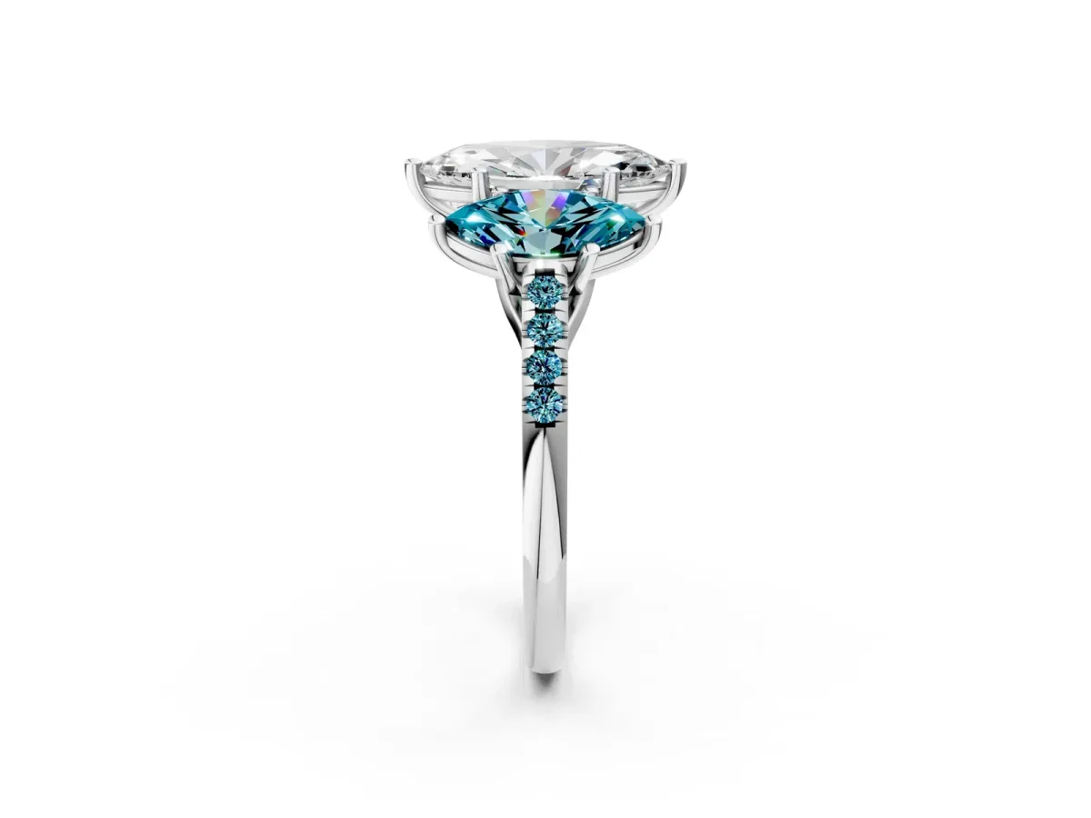 Three-Stone Marquise Cut Diamond Ring with Round Blue Topaz Pavé Band and Prong Setting Silver