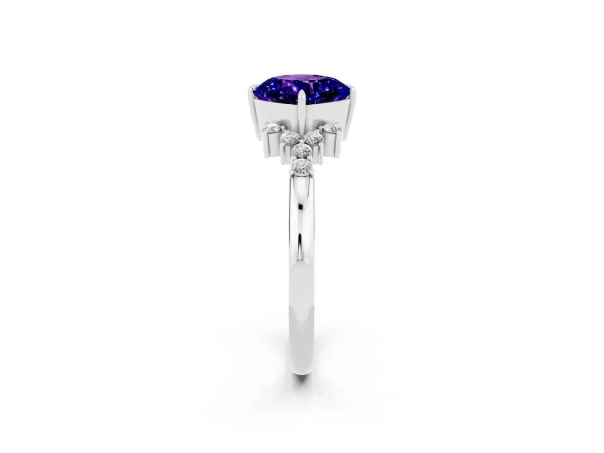 Cushion Cut Tanzanite Ring with Side Stones and Four-Prong Setting Silver