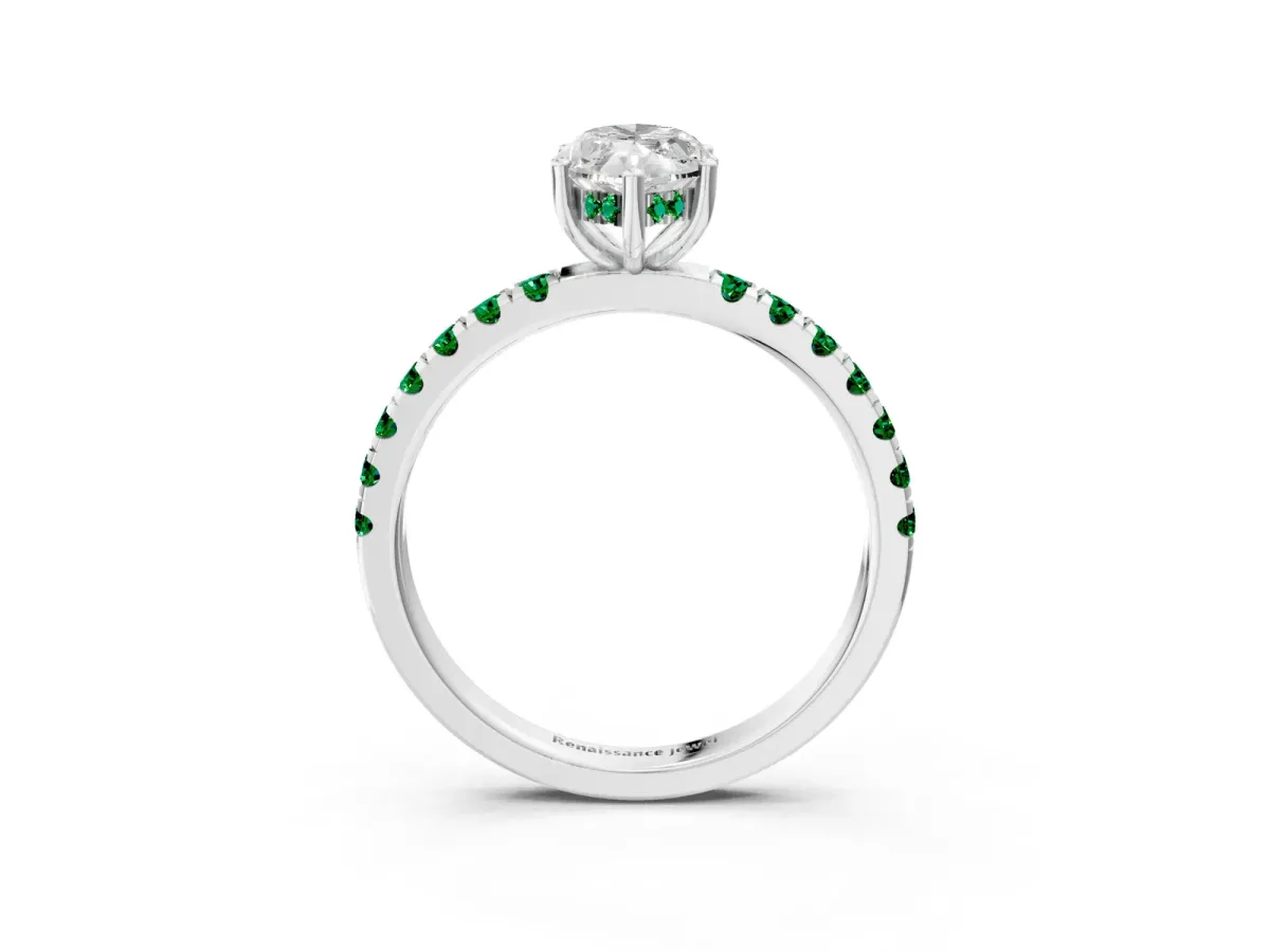 Marquise Cut Diamond Pave Band Solitaire Ring with Round Emerald and Prong Setting Silver