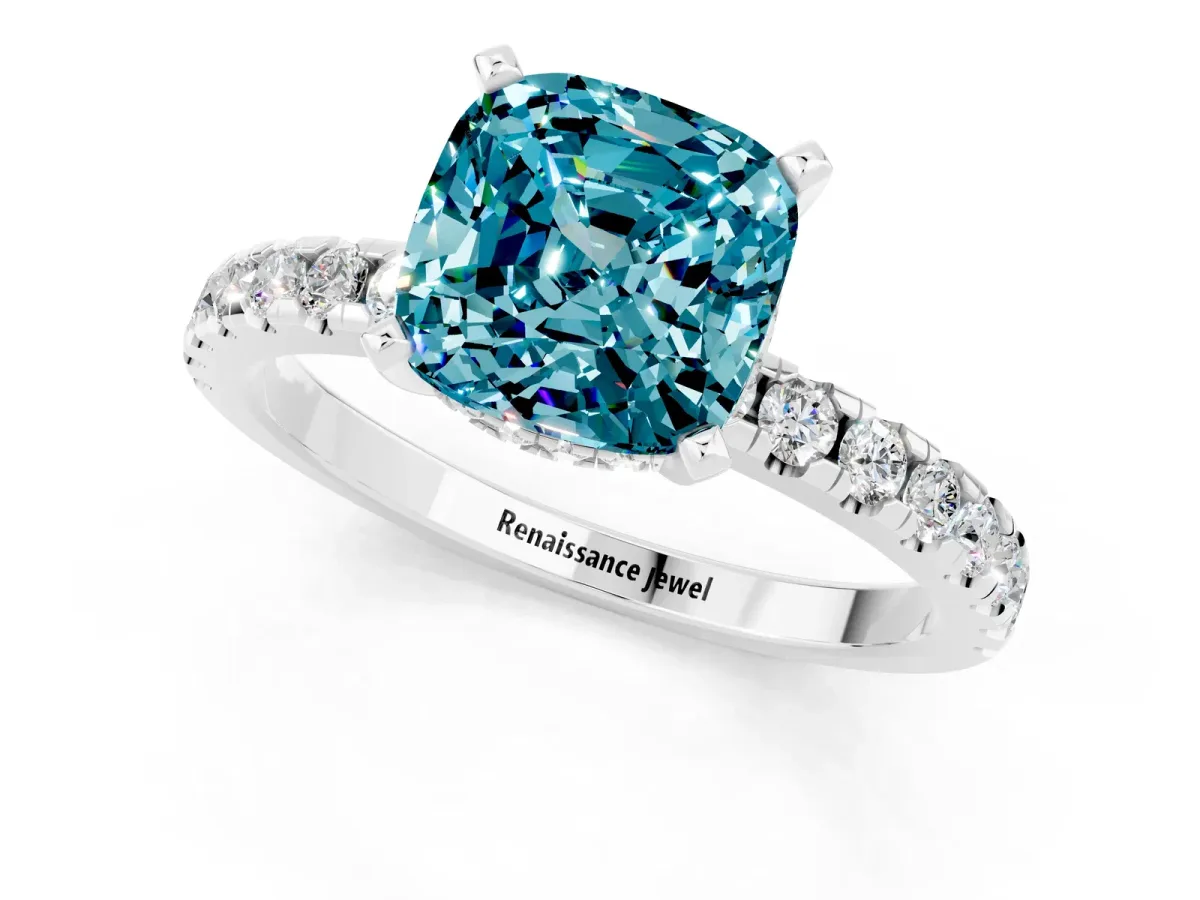 Cushion Cut Blue Topaz Solitaire Ring with Round Pavé Band and Four-Prong Setting Silver