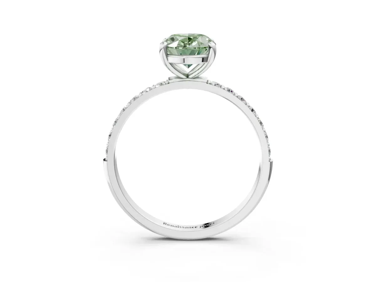 Fancy Green Oval Cut Diamond Solitaire Ring with Round Pavé Band and Prong Setting Silver