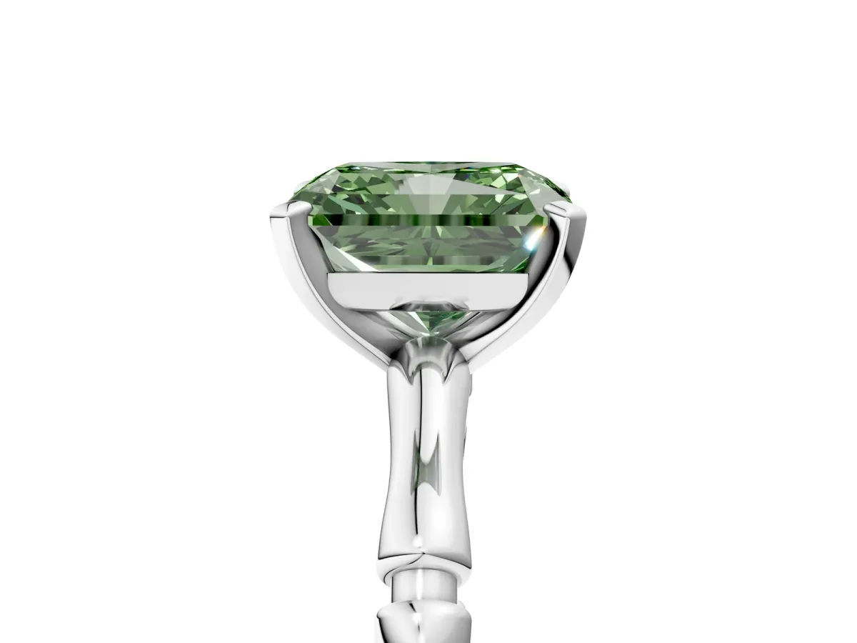 Fancy Green Radiant Cut Solitaire Diamond Ring with Bamboo Band and Four-Prong Setting Platinum