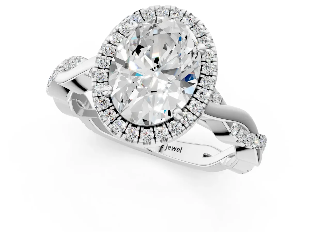 Oval Cut Cut Halo Twisted Band Four-Prong Ring White gold