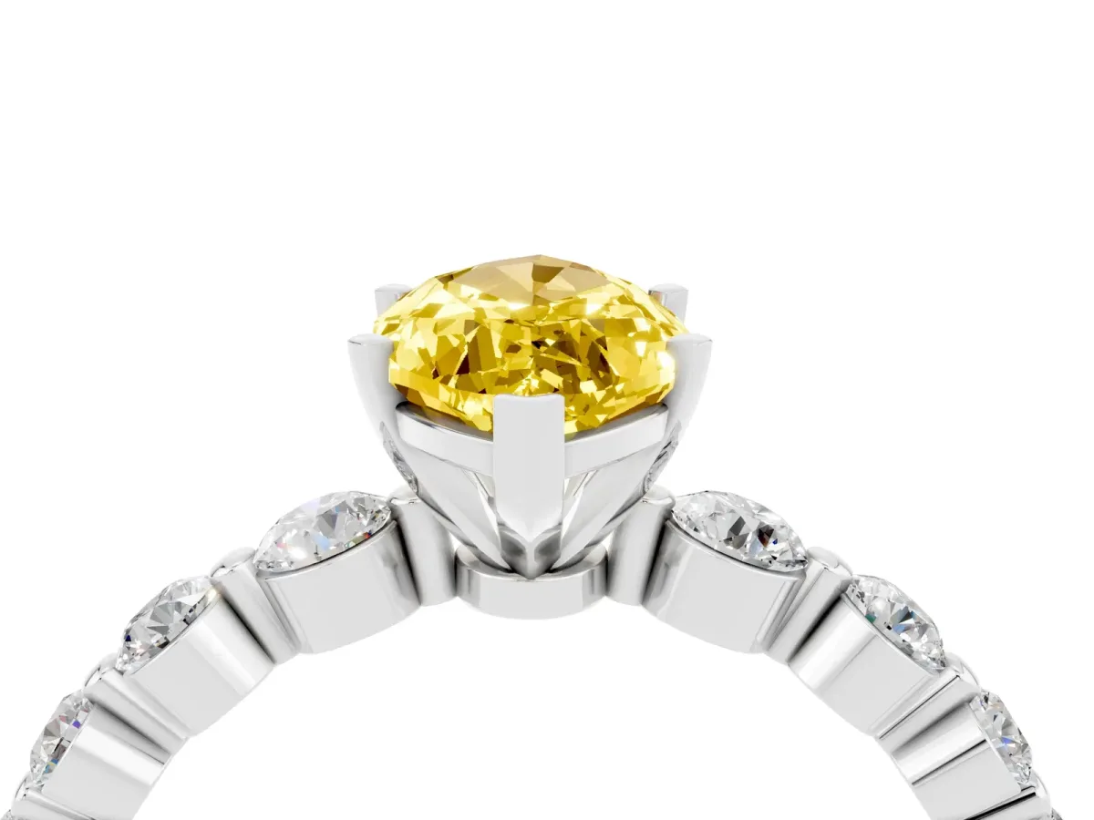 Marquise Cut Solitaire Yellow Sapphire Ring with Pave Band and Four-Prong Setting Silver