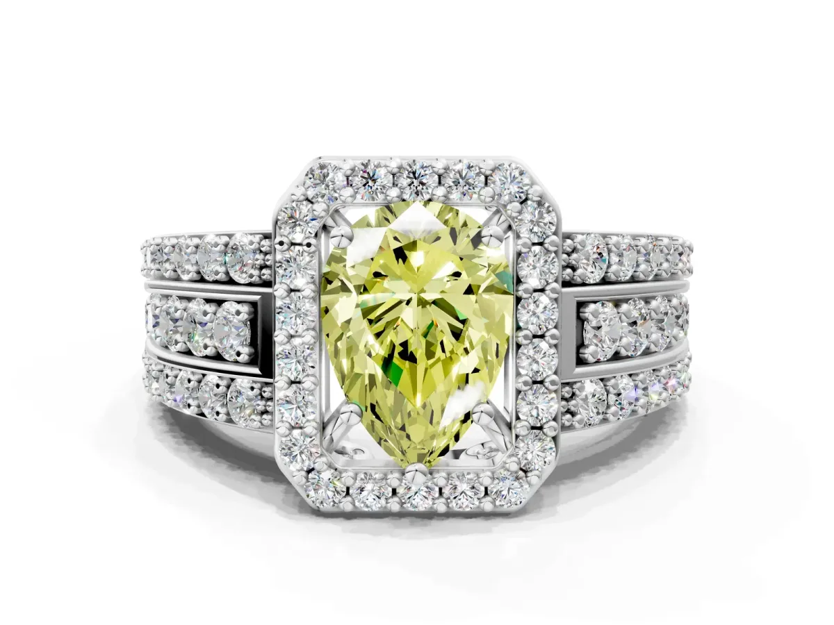 Fancy Yellow Pear Cut Halo Diamond Ring with Round Split Shank and Prong Setting Platinum
