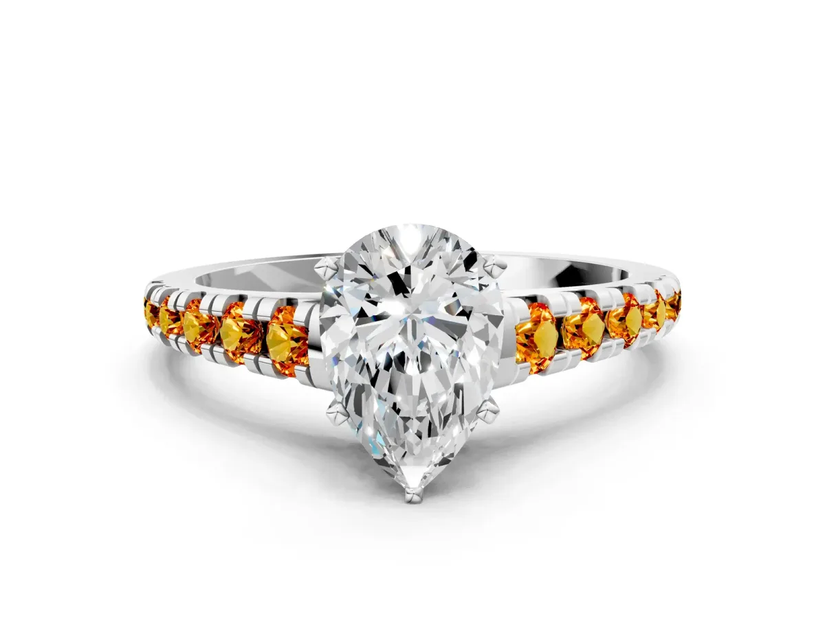 Pear Cut Diamond Cathedral Solitaire Ring with Round Citrine Pavé Band Silver
