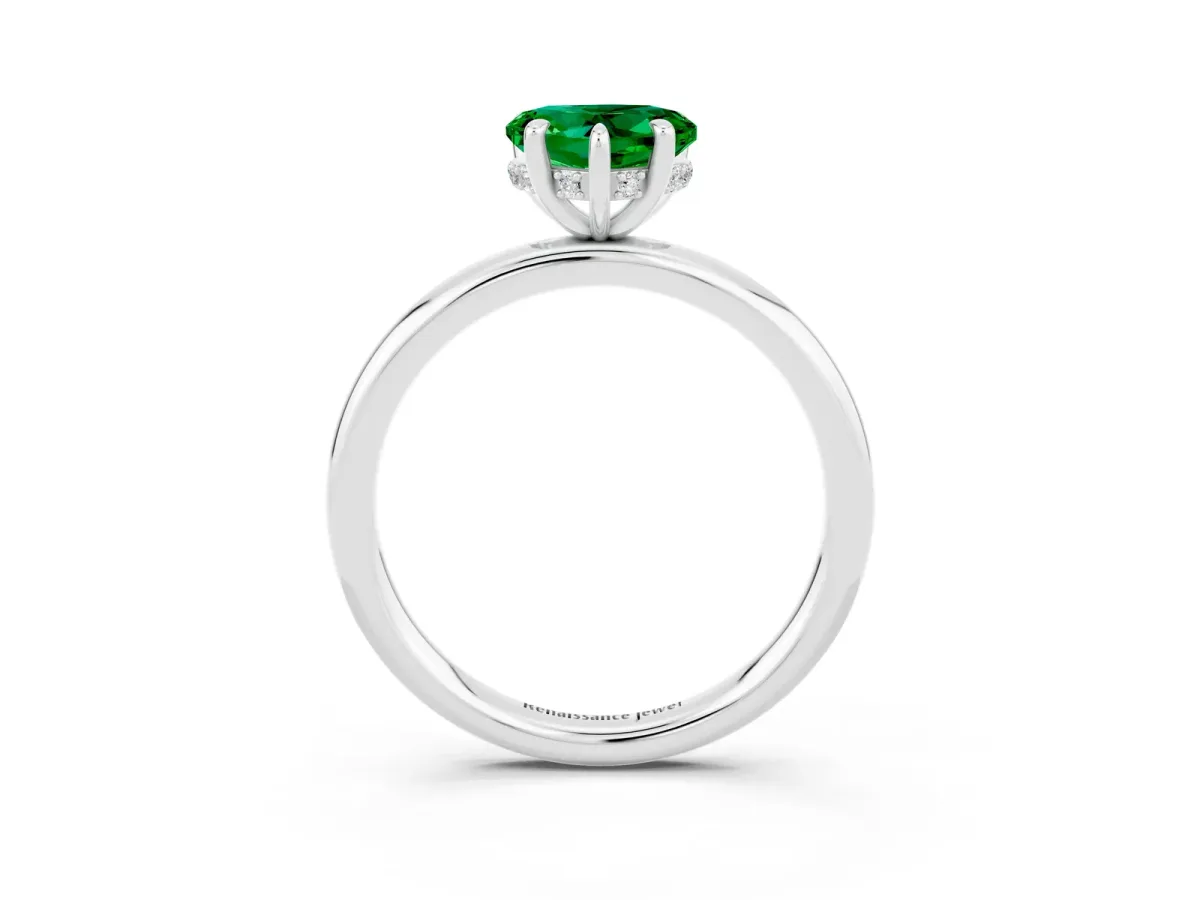 Heart Cut Emerald Solitaire Ring with Thin Band and Four-Prong Setting White gold
