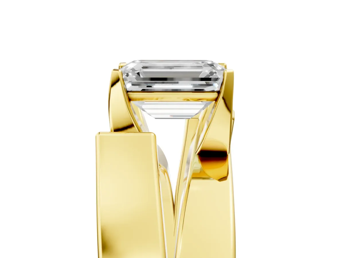 Modern Tension Set Emerald Cut Diamond Solitaire Wide Band Ring Yellow gold