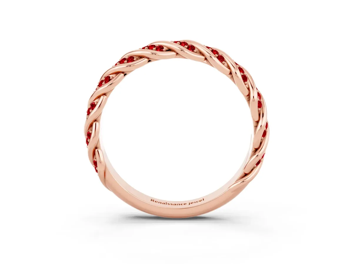 Twisted Pavé Round Ruby Eternity Band with Shared Prong Setting Rose gold