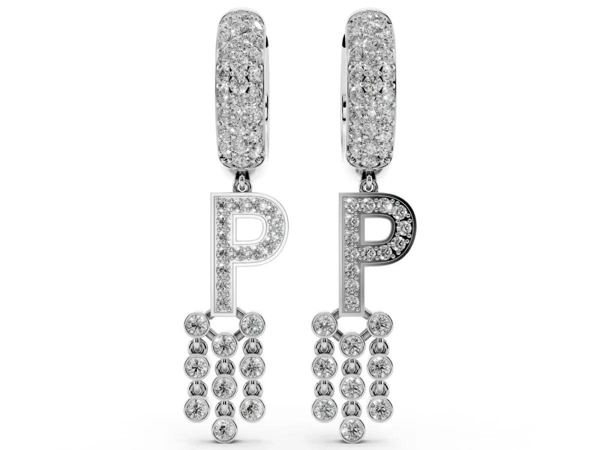 Round Diamond Initial P Huggie Hoop Earrings Silver