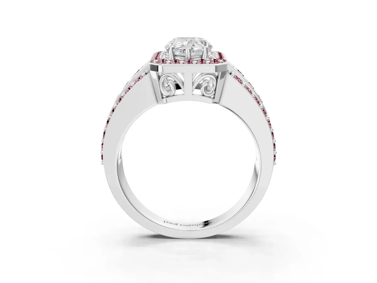 Pear Cut Halo Diamond Ring with Round Morganite Split Shank and Prong Setting Silver