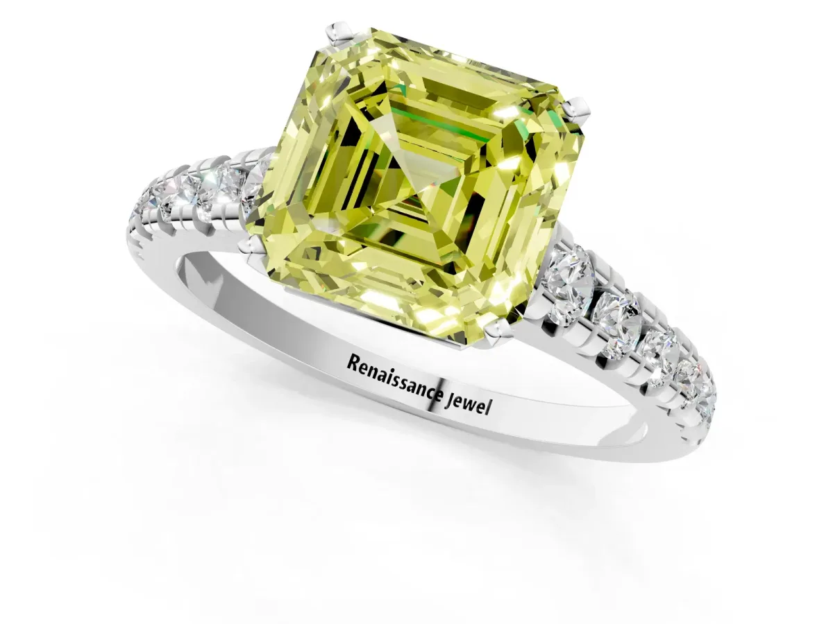 Fancy Yellow Asscher Cut Diamond Cathedral Solitaire Ring with Round Pavé Band Silver