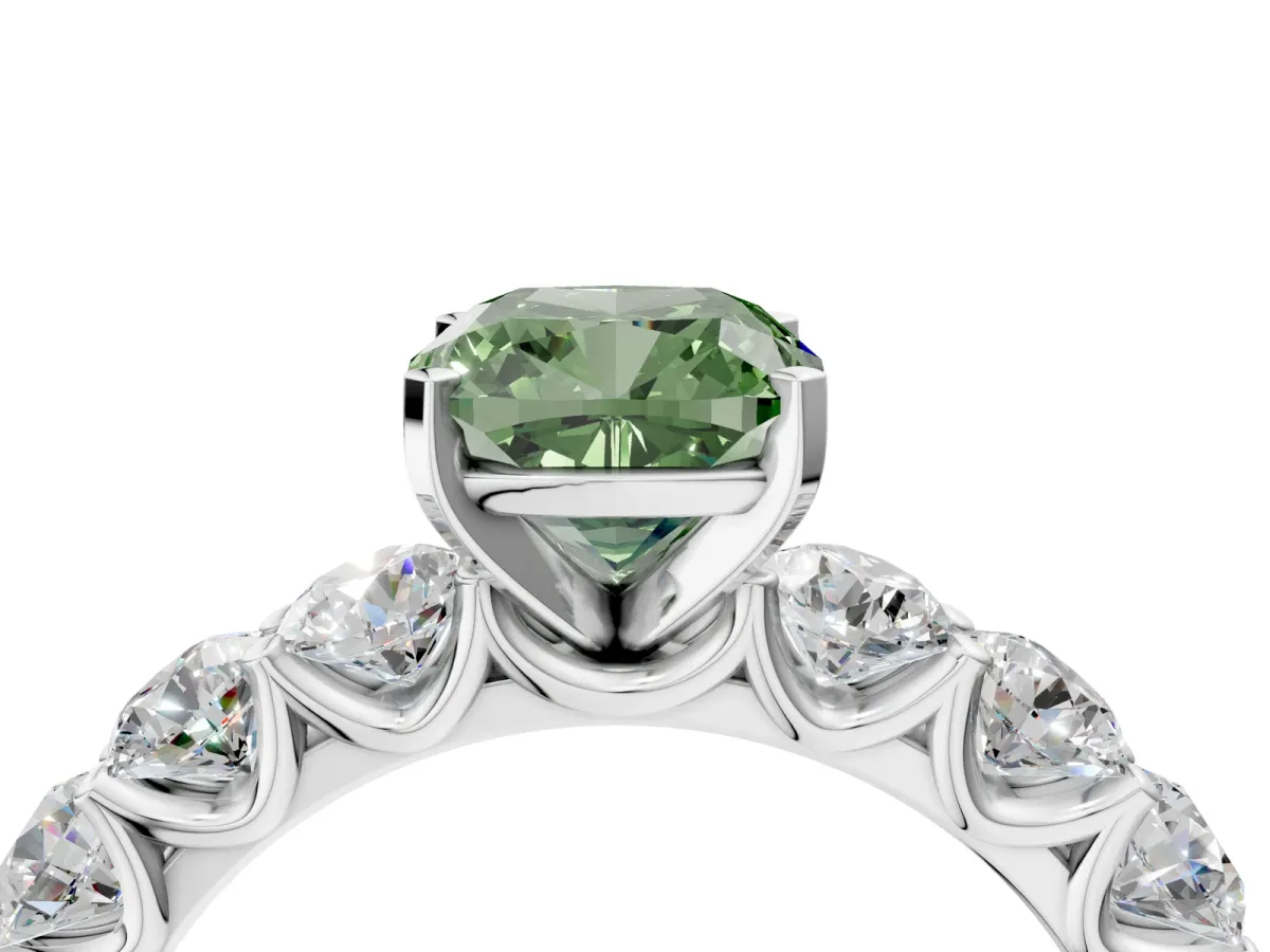 Fancy Green Cushion Cut Diamond Prong Setting with Side Stones on a Pave Band Silver
