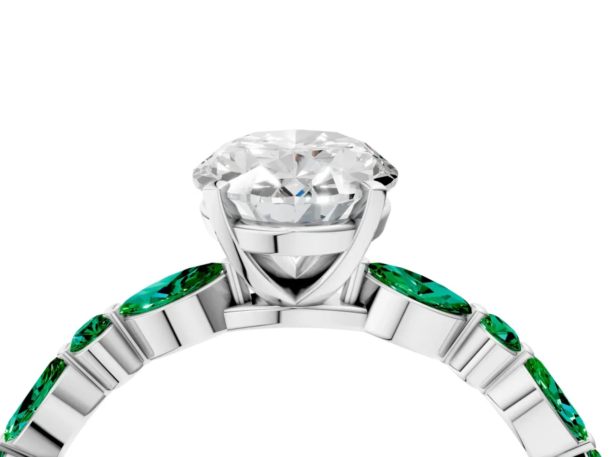 Oval Cut Diamond Ring with Marquise and Round Emerald Side Stones and Four-Prong Setting Silver