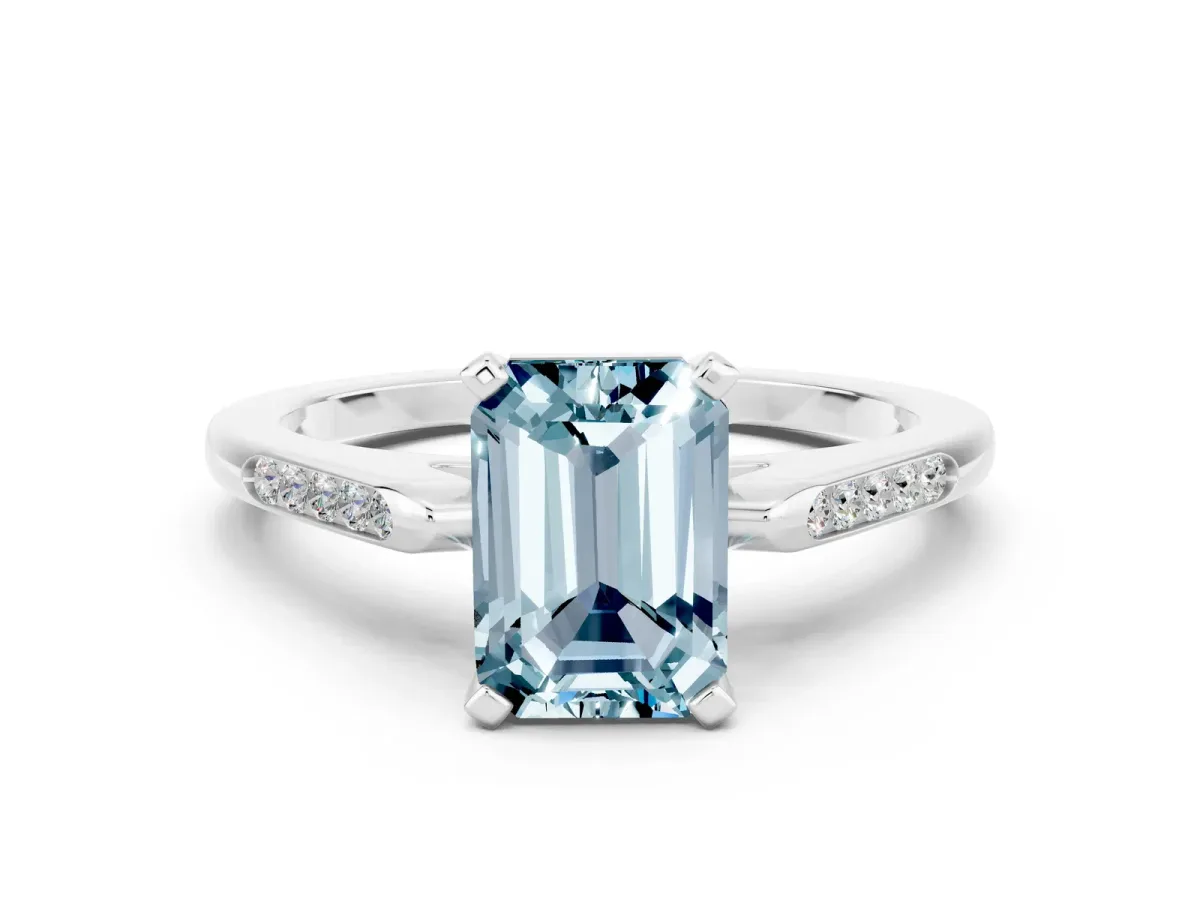 Emerald Cut Aquamarine Solitaire Ring with Channel Set Round Band and Prong Setting Silver
