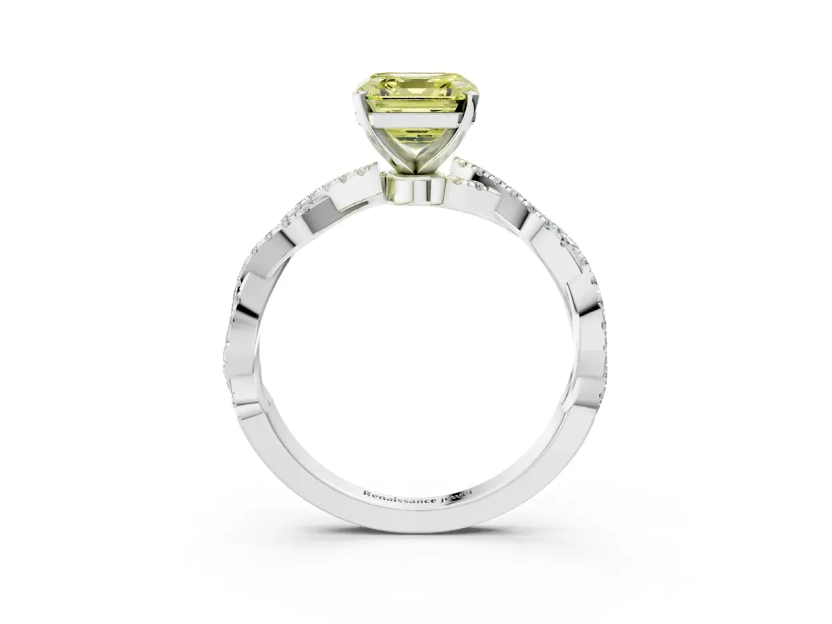 Fancy Yellow Asscher Cut Solitaire Twisted Pave Band with Four-Prong Setting Platinum