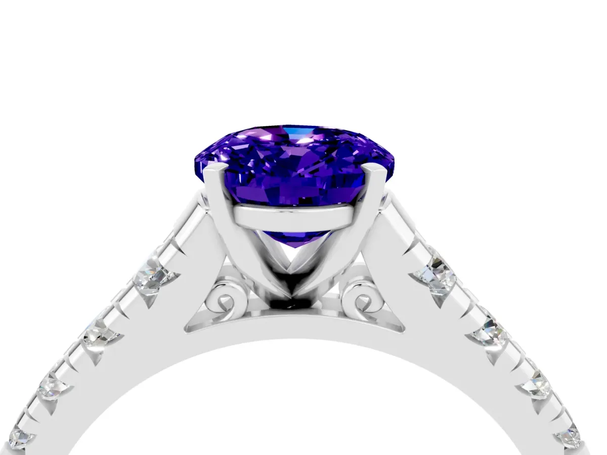 Oval Cut Tanzanite Cathedral Solitaire Ring with Round Pavé Band Silver