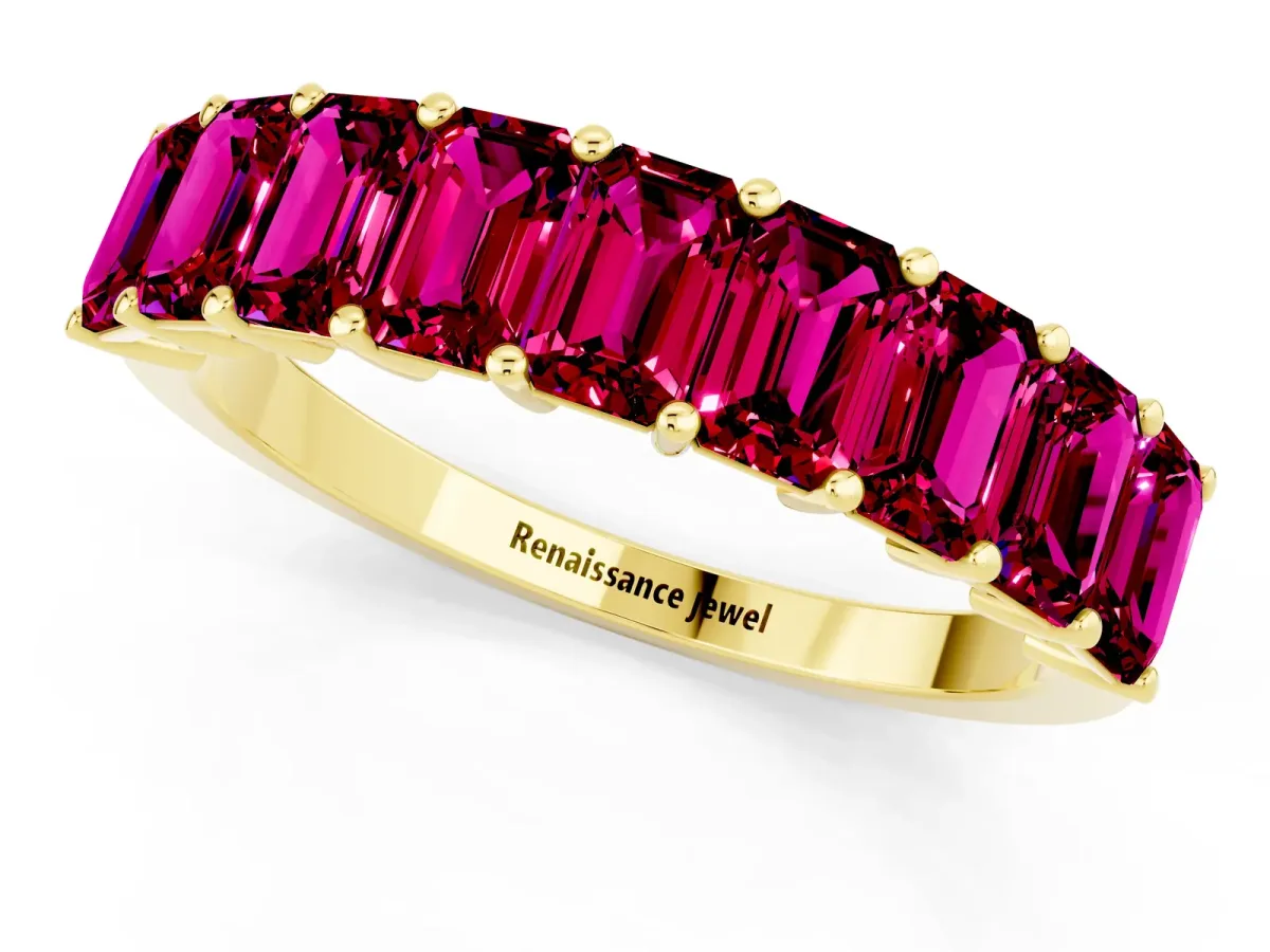 Emerald Cut Garnet Prong-Set Eternity Band Yellow gold
