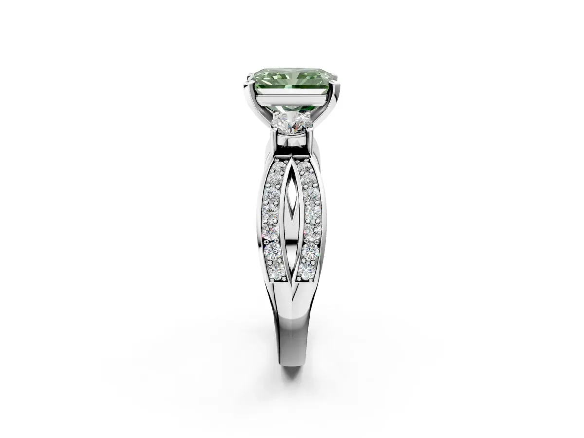 Fancy Green Three-Stone Radiant Cut Cut Diamond Twist Band with Prong Setting Platinum