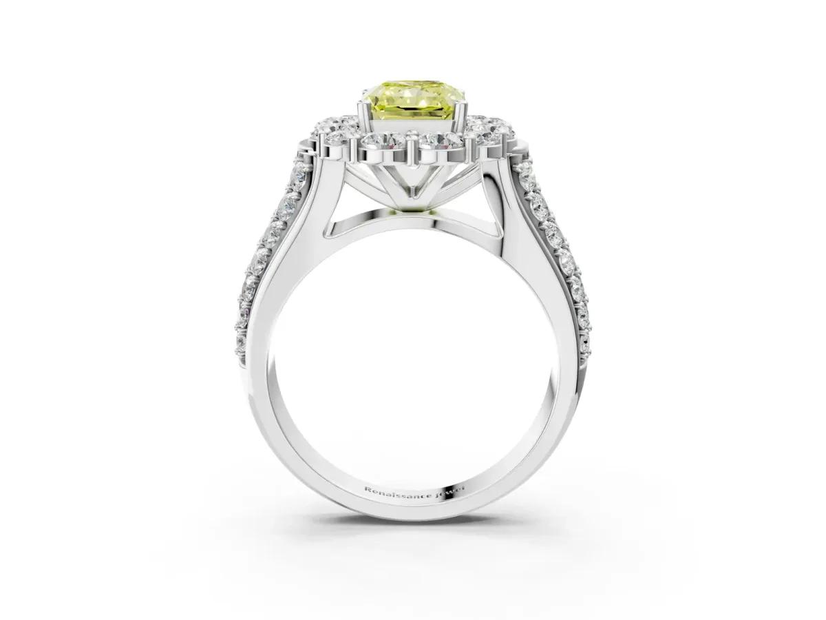 Fancy Yellow Radiant Cut Halo Diamond Engagement Ring with Split Shank and Prong Setting Platinum