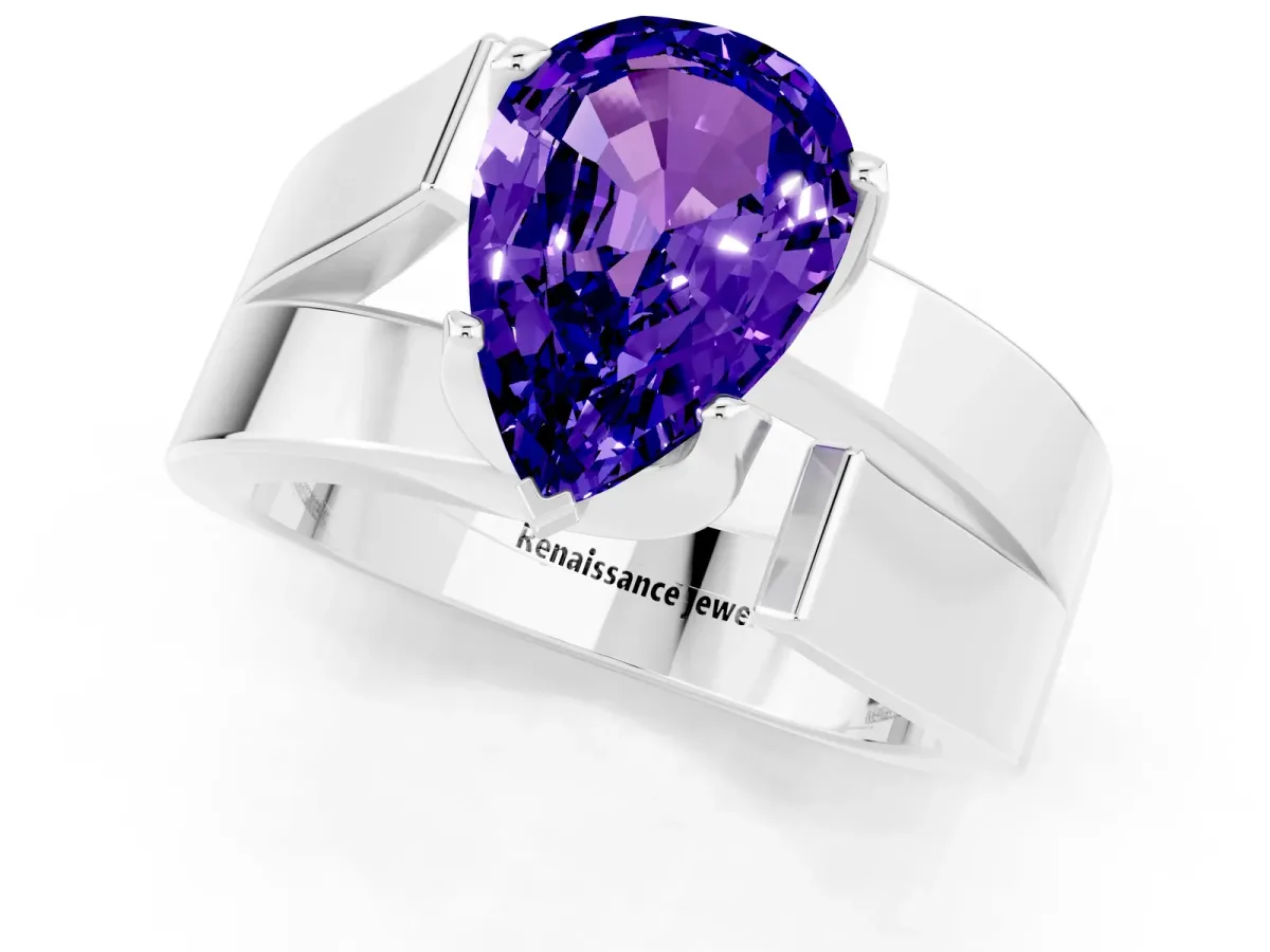 Modern Tension Set Pear Cut Tanzanite Solitaire Wide Band Ring Silver