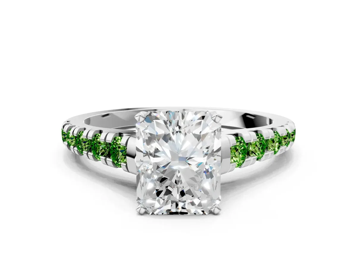 Radiant Cut Diamond Cathedral Solitaire Ring with Round Peridot Pavé Band Silver