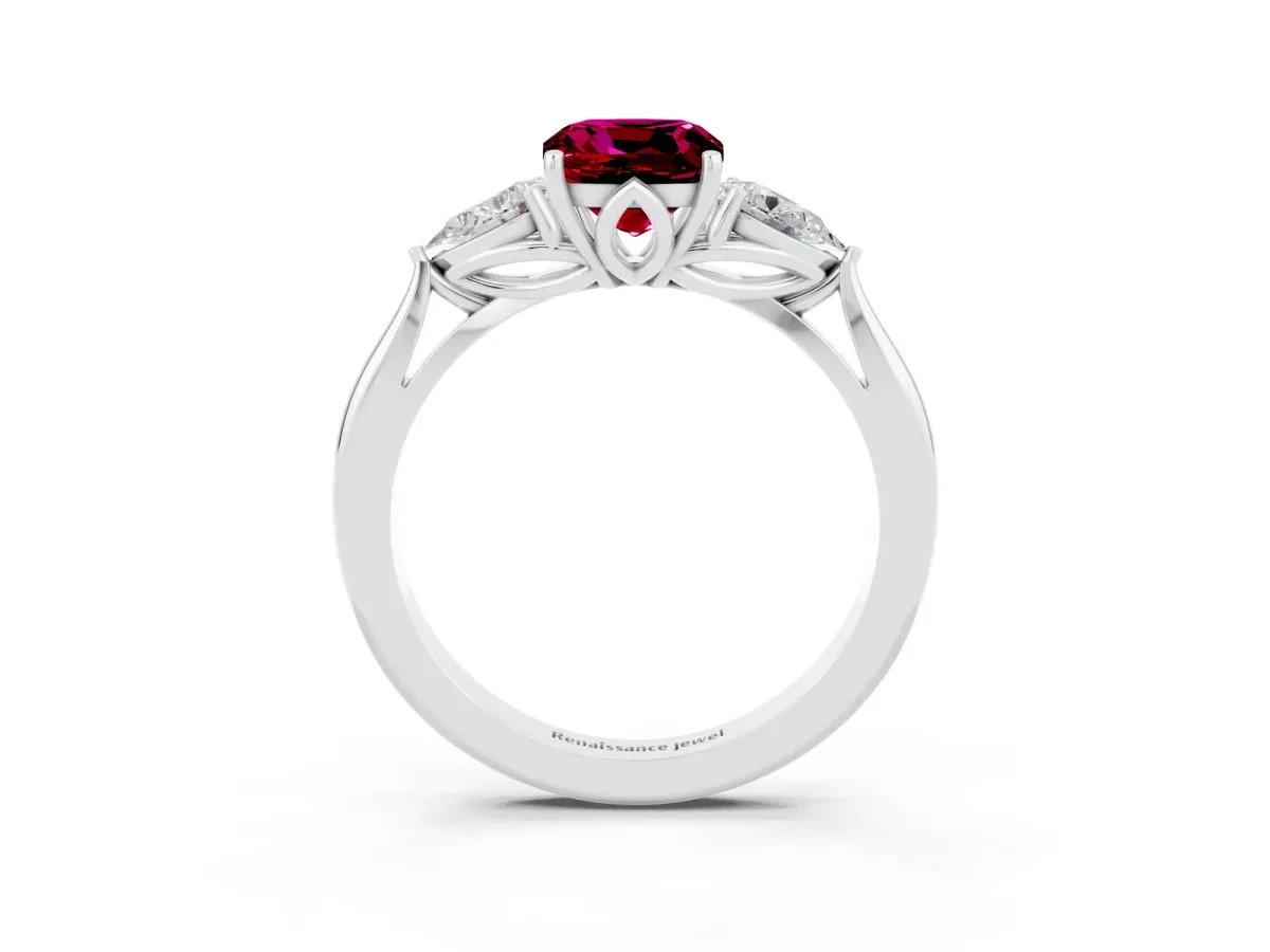 Three-Stone Cushion Cut Garnet Ring with Pear Side Stones in Four-Prong Setting White gold
