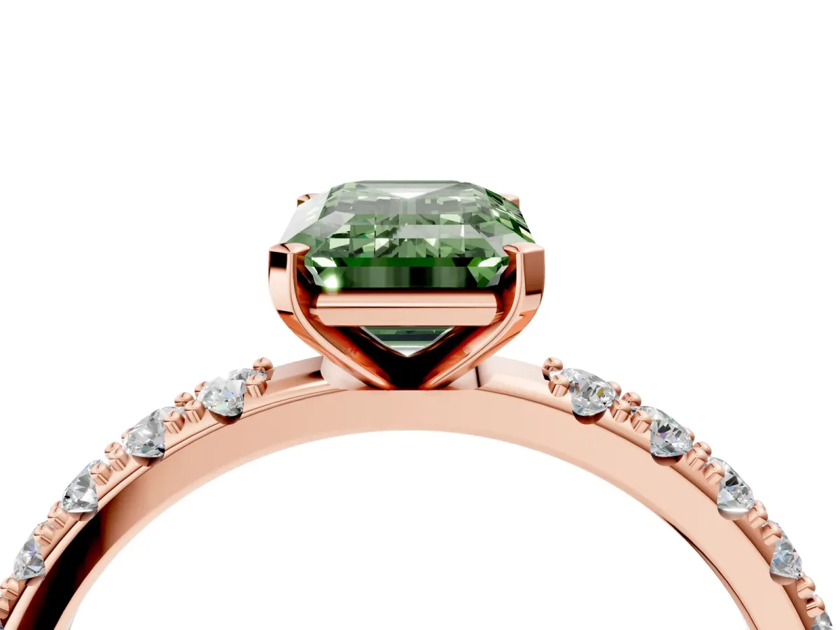 Fancy Green Emerald Cut Diamond Solitaire Pavé Band with Four-Prong Setting Rose gold