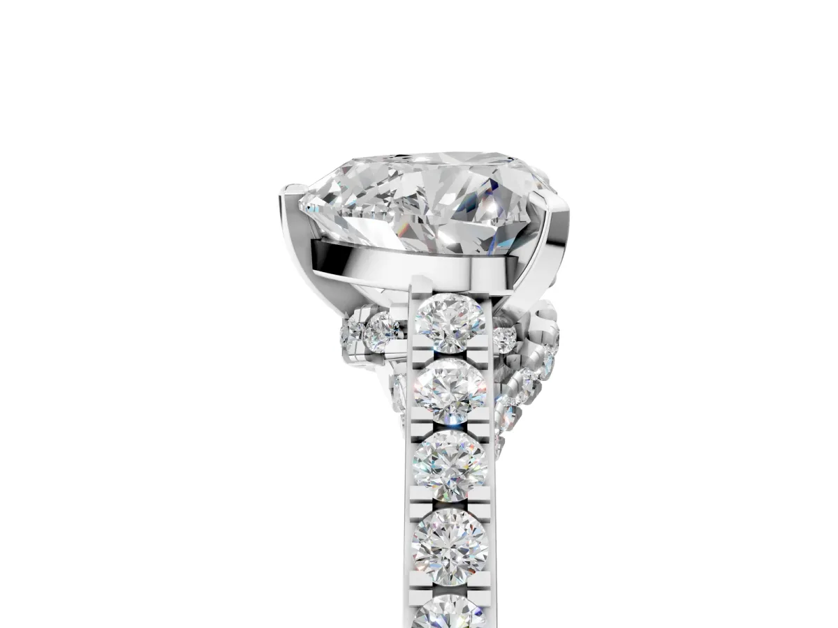Heart Cut Diamond Solitaire Ring with Crossover Gallery and Round Pavé Band Silver