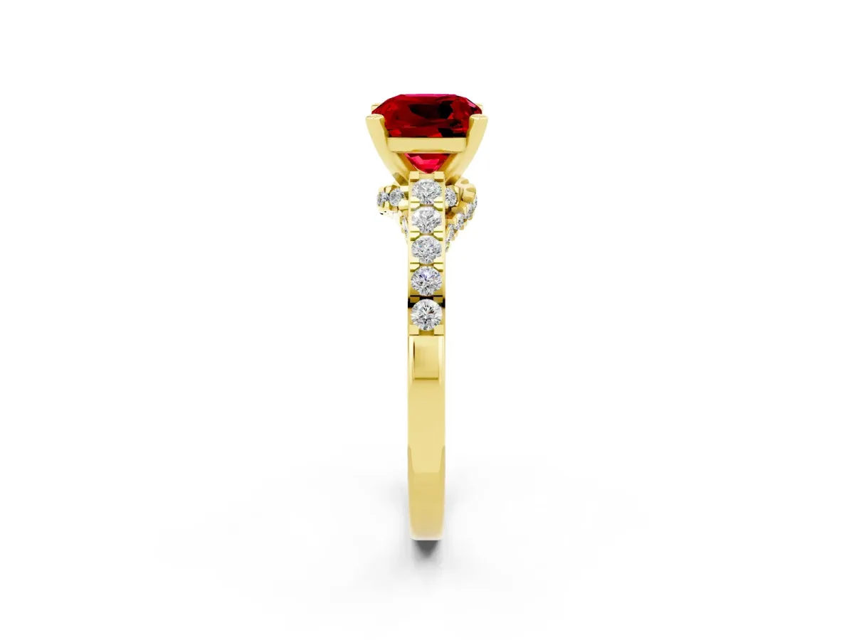 Cushion Cut Ruby Solitaire Ring with Crossover Gallery and Round Pavé Band Yellow gold