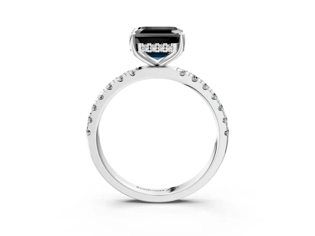 Fancy Black Asscher Cut Diamond Pave Band Solitaire Ring with Round and Prong Setting Platinum