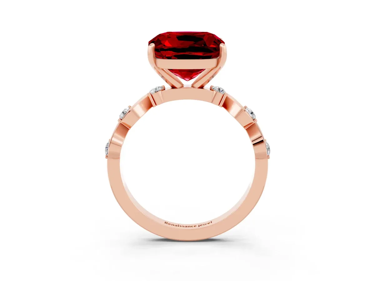 Cushion Cut Ruby Solitaire Twisted Band with Round Accents and Prong Setting Rose gold