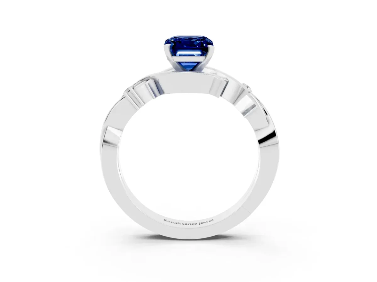 Emerald Cut Blue Sapphire Solitaire Ring with Twisted Band and Prong Setting Silver