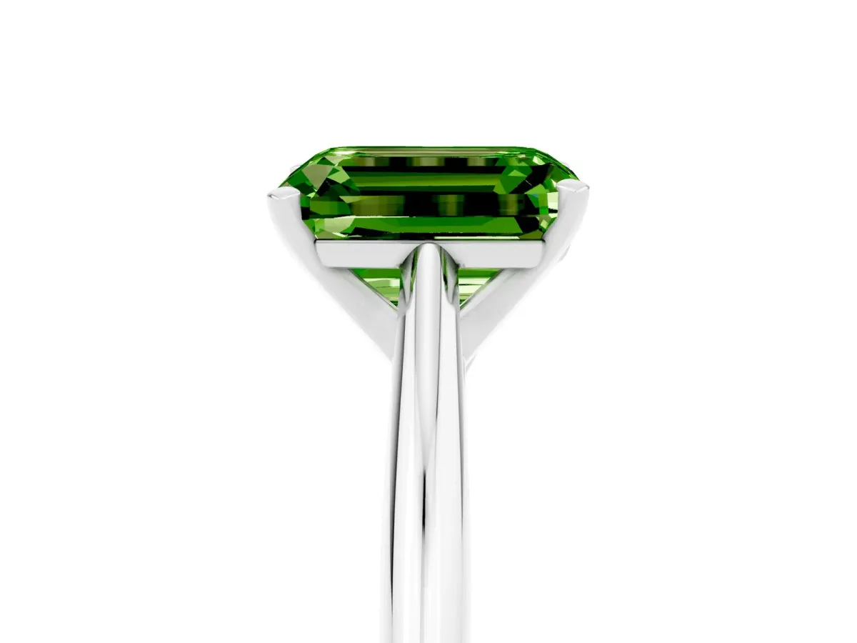 Emerald Cut Peridot Solitaire Engagement Ring with Cathedral Setting and Four-Prong Mount White gold