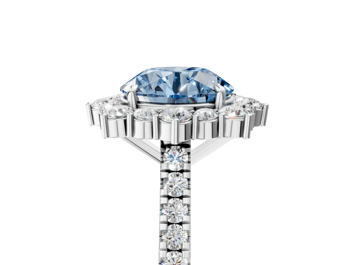 Fancy Blue Round Cut Halo Diamond Ring with Pavé Band and Prong Setting Silver