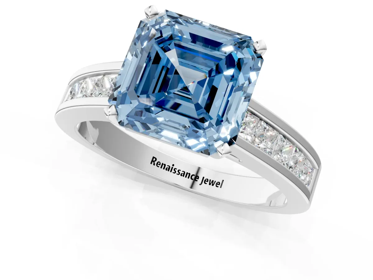 Fancy Blue Asscher Cut Solitaire Diamond Ring with Channel-Set Band and Four-Prong Setting Platinum