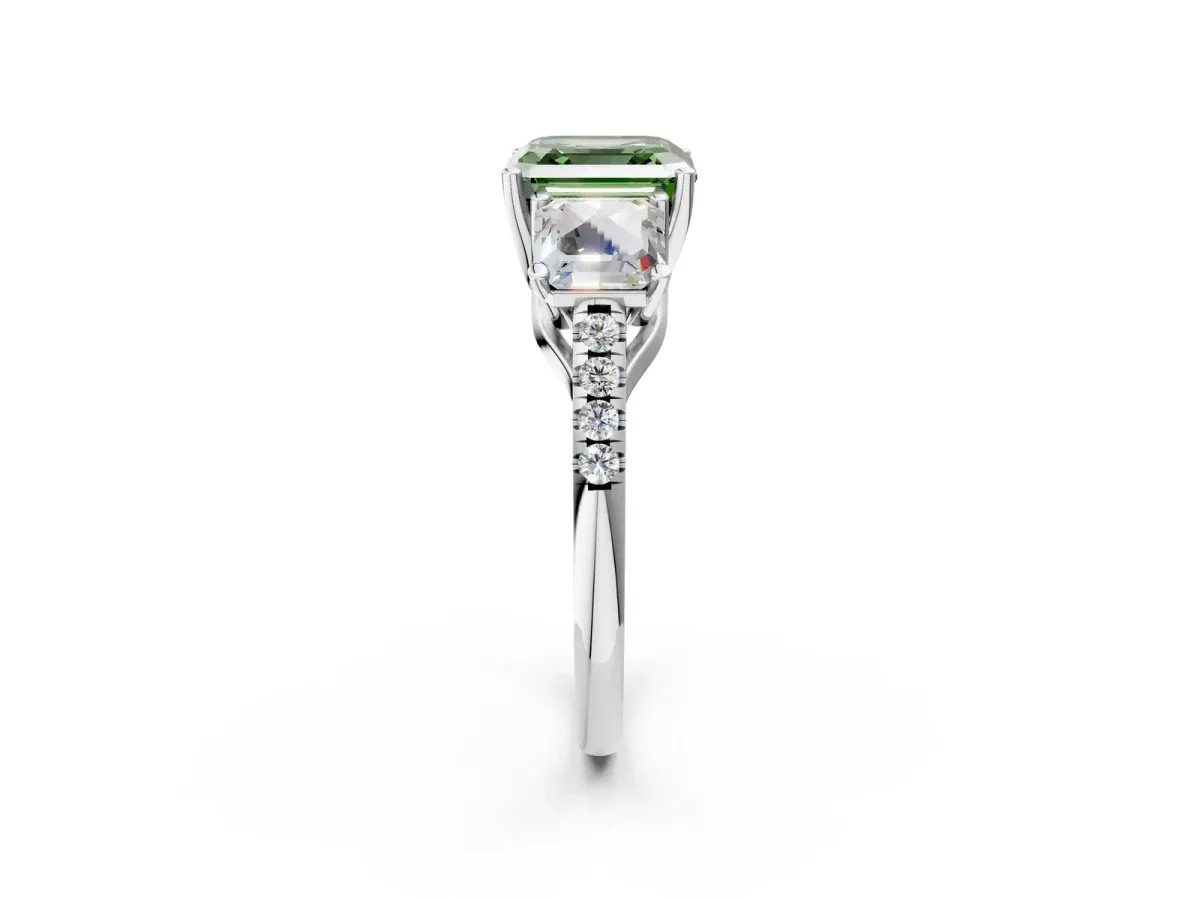 Fancy Green Three-Stone Asscher Cut Diamond Ring with Round Pavé Band and Prong Setting Silver