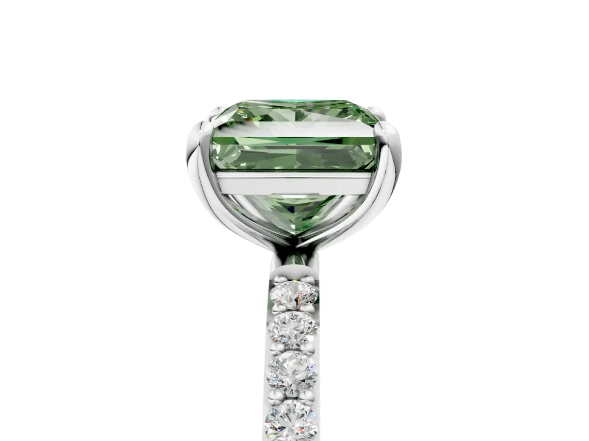 Fancy Green Princess Cut Diamond Solitaire Ring with Round Pavé Band and Prong Setting Silver